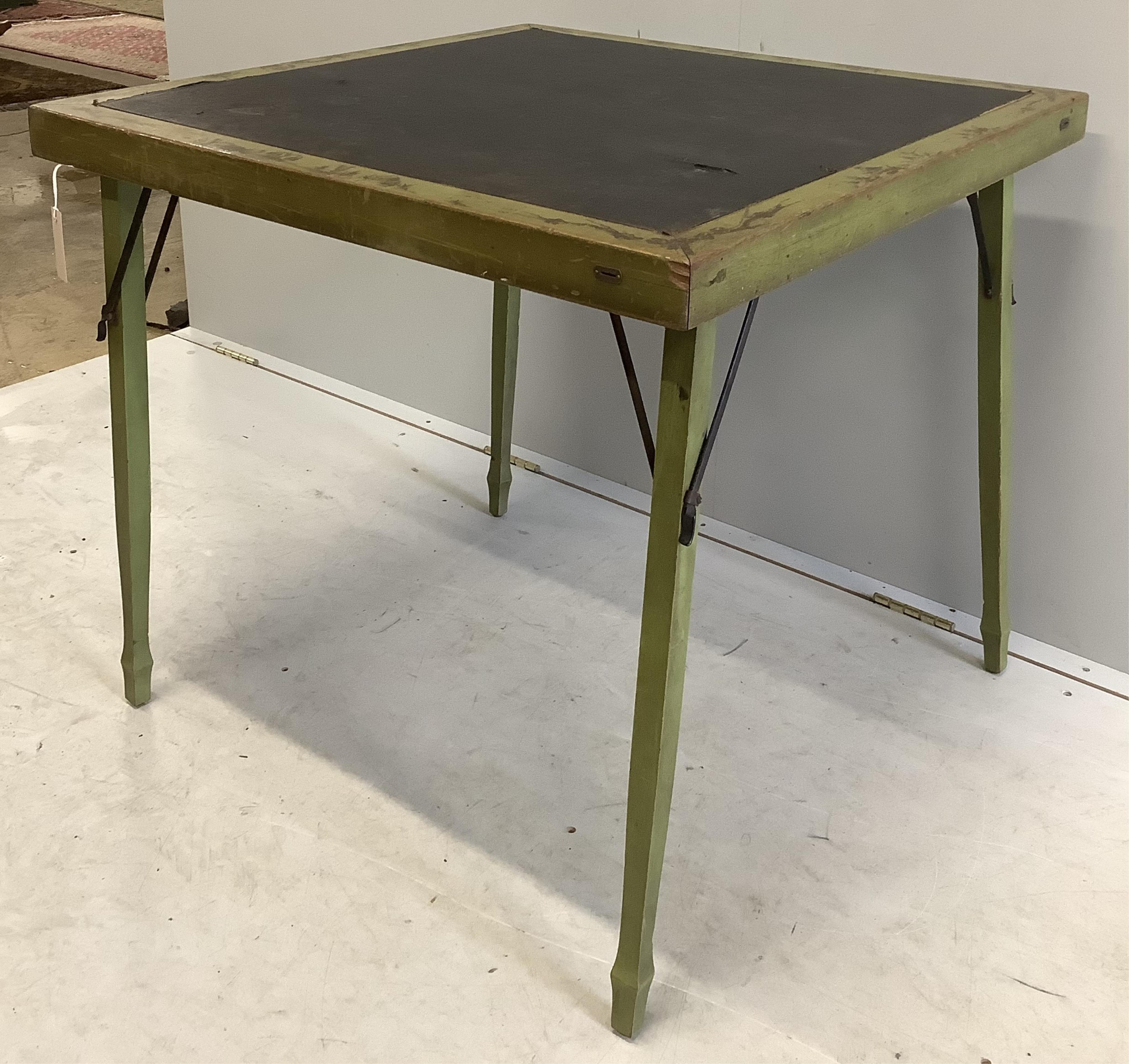 An early 20th century chinoiserie lacquer folding card table, width 76cm, depth 76cm, height 70cm. Condition - poor to fair